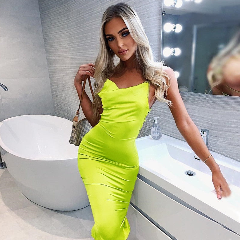 Neon Satin Lace Up Women&#39;s Long Midi Dress Light Pink Bodycon Backless Elegant Party Sexy Club Clothes 2022 Summer Dinner Outfit