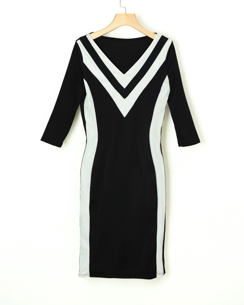 Women Sexy V Neck Long Sleeve Party Dress Striped Tape Bodycon Dress