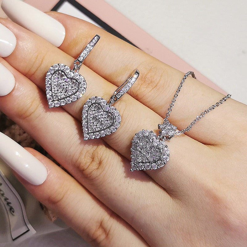 2pcs Pack Trendy Round Crystal silver color bride Jewelry Set For Wedding Drop Earring Necklace Pendant Women Gifts J4749