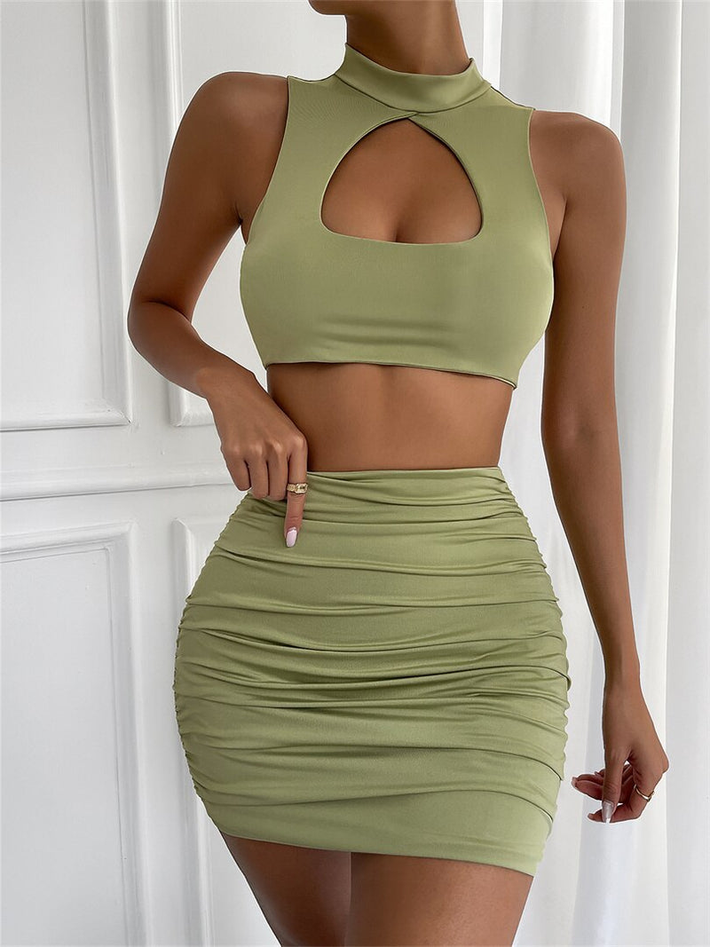 wsevypo Women Two Pieces Skirt Suits Summer Sexy Solid Matching Sets Sleeveless Hollow Out Crop Tank Tops+Ruched Mini Skirts