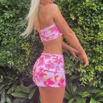 Women Two Piece Set Y2K Boho Floral Print Strapless Tube Top Off Shoulder Backless Crop Camisole and Mini Skirt Wrap Bodycon