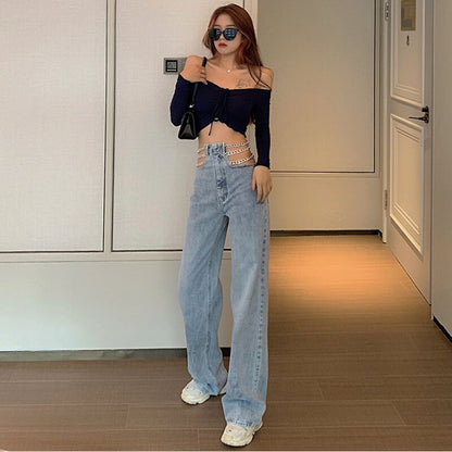 Meqeiss streetwear Side Cross Chain Hollow Out Wide-leg Women&#39;s Jeans High Waist Pants Sexy Elegant Ladies Europe Fashion Jeans