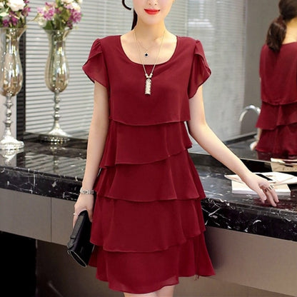 Dress Women Summer Wave Cut Sweet Solid Short Sleeve Slim Casual Clothing Lady All-match Vestido Trendy Simple O-Neck Casual New