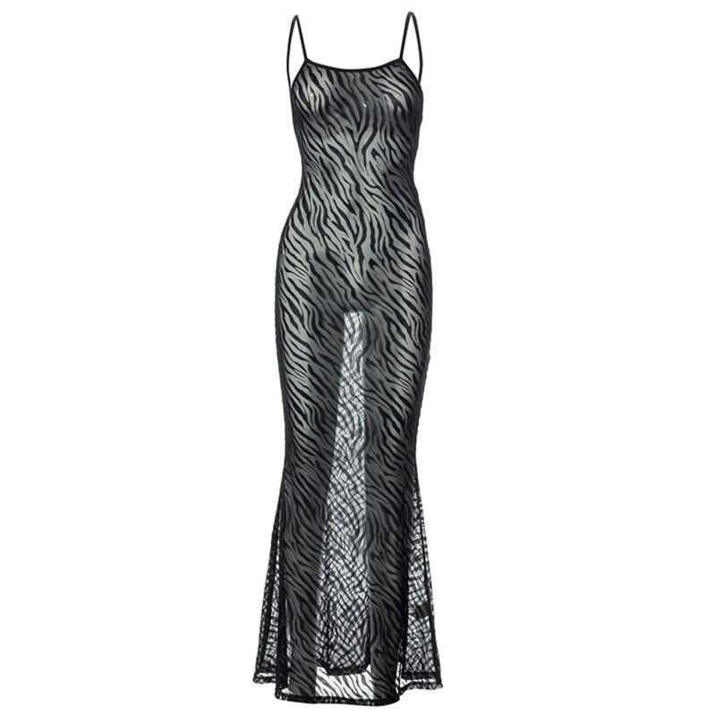 2022 New  Women Long Dresses Sexy Club Sheer Mesh Straps  Fashion Zebra Print Dress Maxi Bodycon Clothing Black