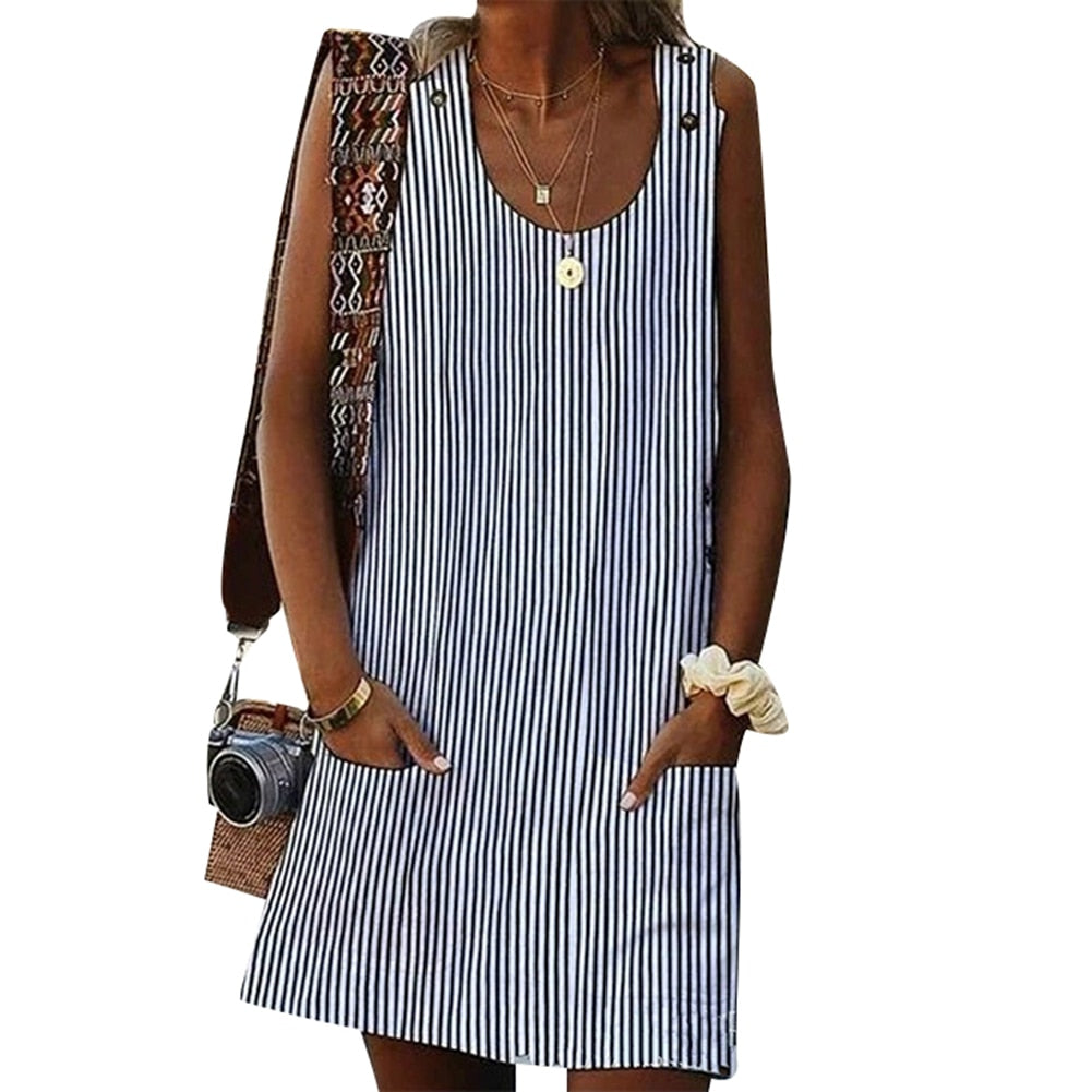 Beach Casual Women Solid Color Pocket Mini Dress Sleeveless Button Sundress Summer Elegant Fashion Women&#39;s Clothing Streetwear