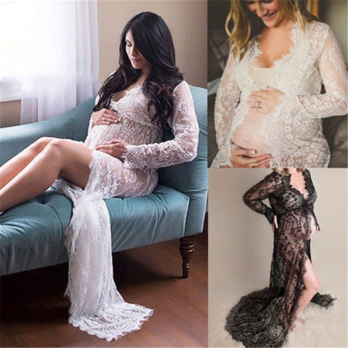 Maternity Photography Dresses See Through Hollow Out Lace Floral Maternity Maxi Dresses Long Sleeve Long Dress For Photo Shoot