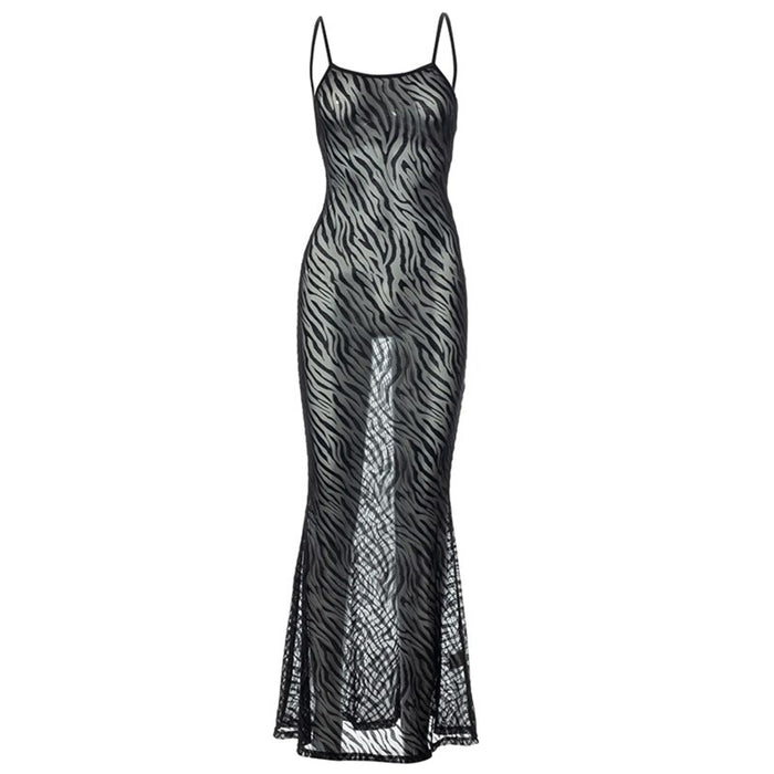 2022 New  Women Long Dresses Sexy Club Sheer Mesh Straps  Fashion Zebra Print Dress Maxi Bodycon Clothing Black