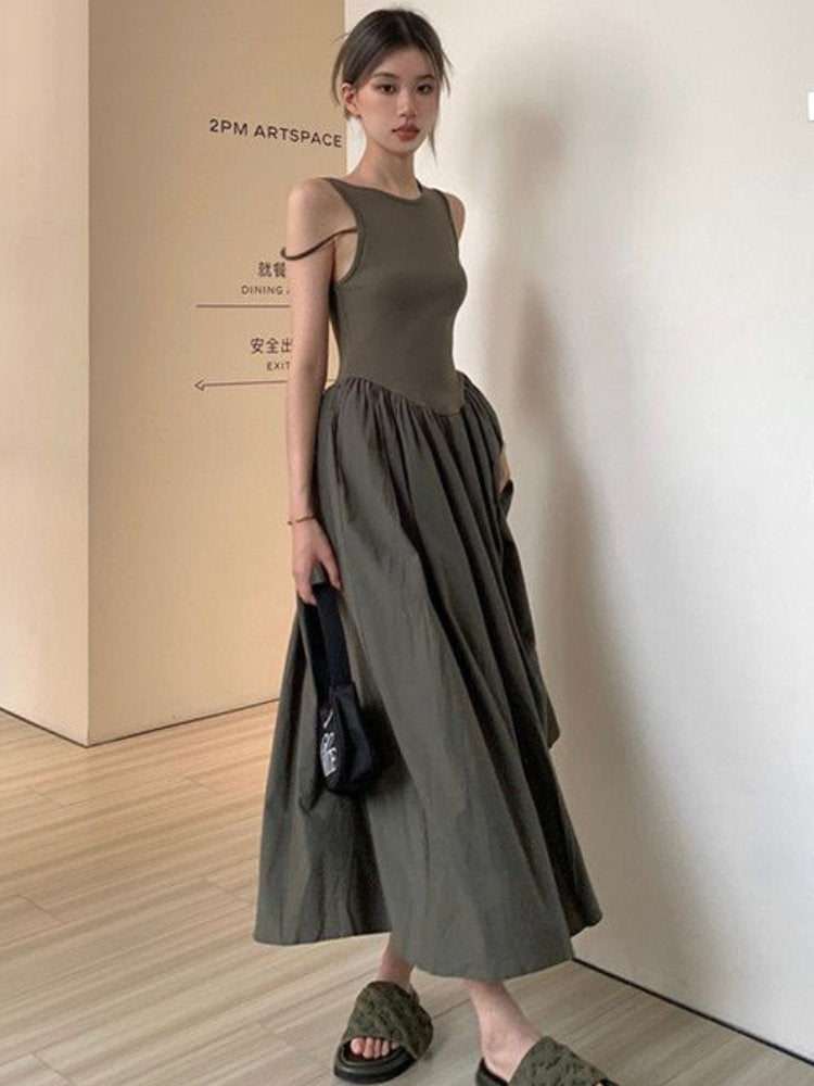 Sleeveless Dress Women Simple All-match New Spring Patchwork Designed A-line Leisure Ankle-length Ins Fashion OOTD Streetwear