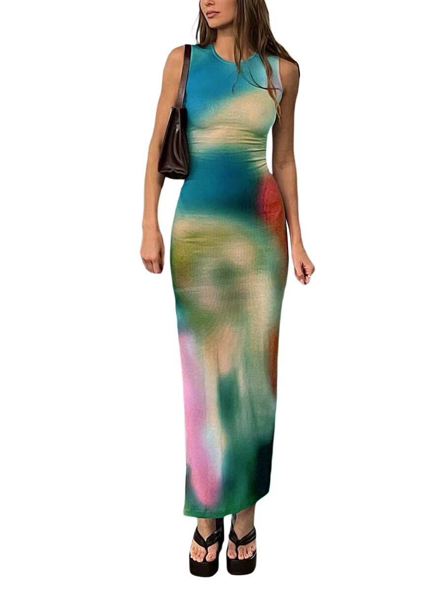 Sexy Sleeveless Backless Summer Maxi Dress Women Tie Dye Print Split Slim Long Dress Elegant Bodycon Party Dresses Vestido