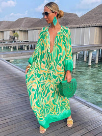 Women Vintage Maxi Dresses 2023 Summer Sexy Deep V-Neck Long Sleeve Boho Print Long Dresses Female Beach Cover Up Elegant Robe