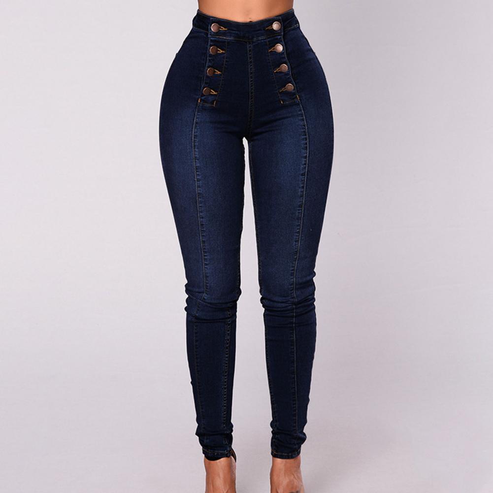 Women High Waist Pencil Jeans Vintage Skinny Double-breasted Pockets Push Up Full Length Denim Pants Trousers Female Clothing