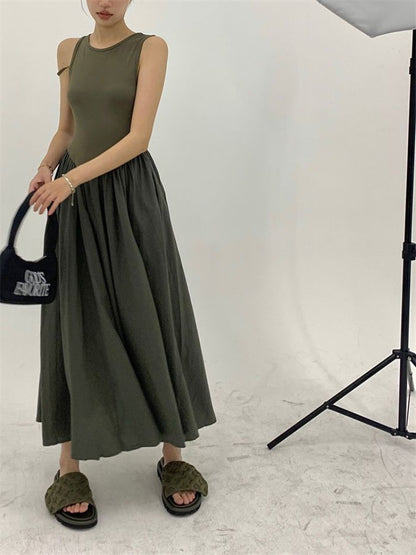 Sleeveless Dress Women Simple All-match New Spring Patchwork Designed A-line Leisure Ankle-length Ins Fashion OOTD Streetwear