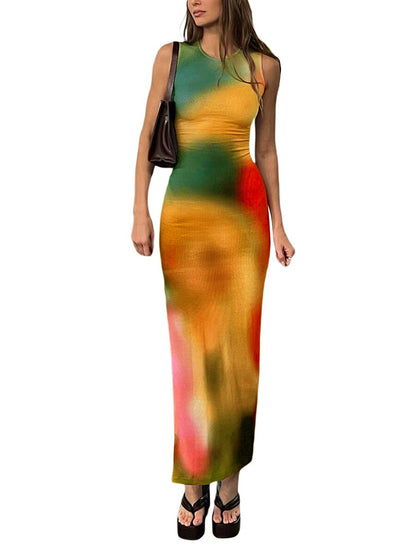 Sexy Sleeveless Backless Summer Maxi Dress Women Tie Dye Print Split Slim Long Dress Elegant Bodycon Party Dresses Vestido