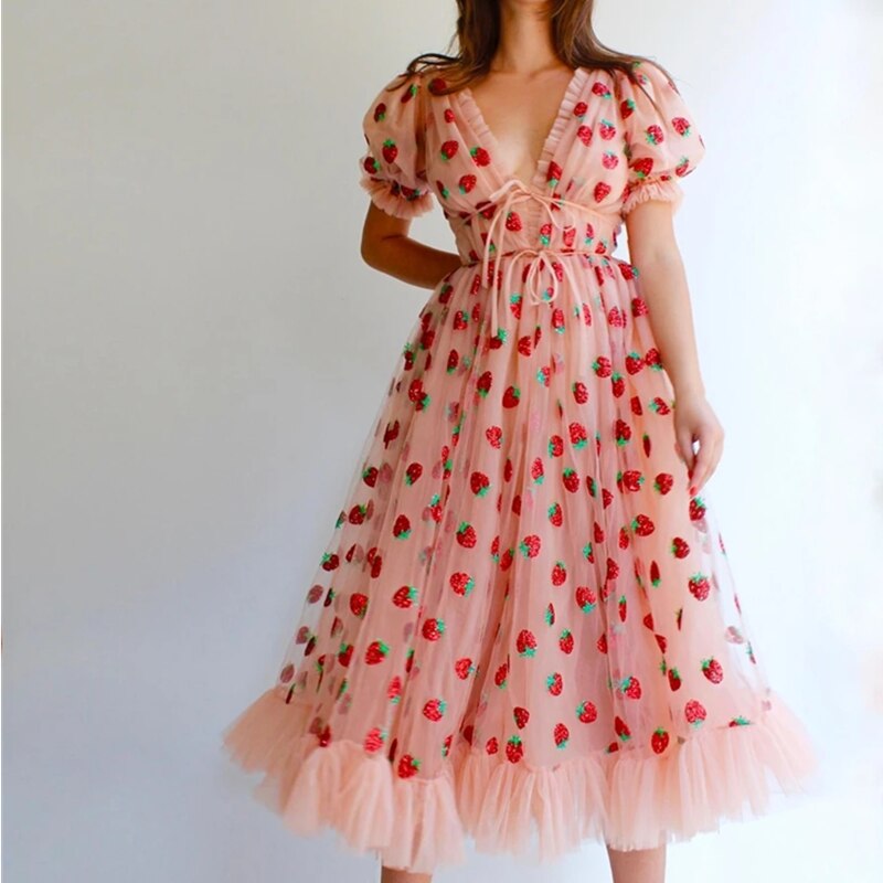 Women Princess Dress Strawberry Sequin Mesh Embroidery Lace-Up Puff Sleeve V-Neck Elastic Waist Tulle Dress Fairy Dress Vestido