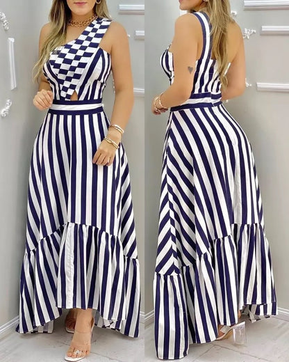 Women&#39;s Fashion Slant Collar Elegant Hollow High Waist Striped Dress 2021 Summer New One-shoulder Striped Sleeveless