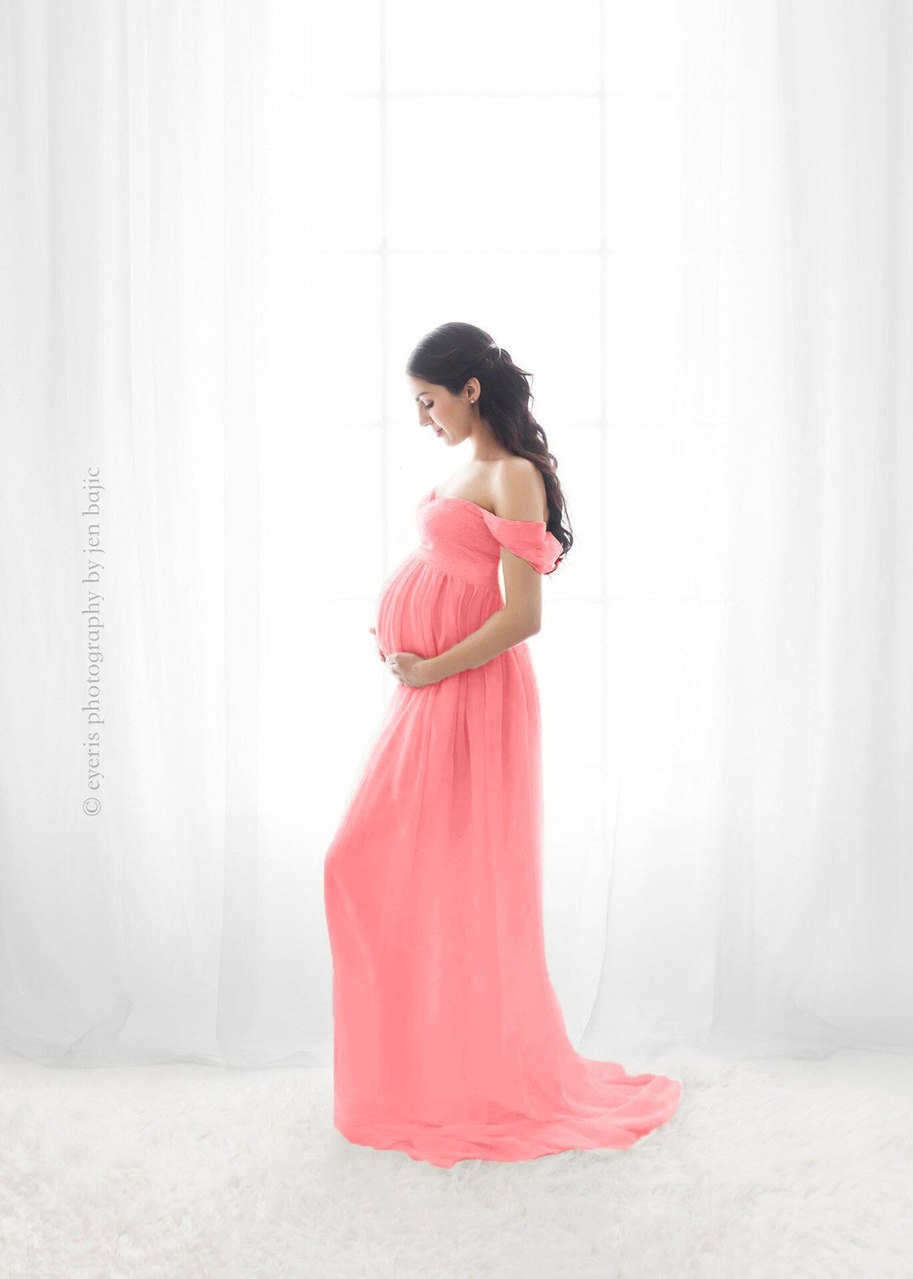 Sexy Maternity Dress for Photography Solid Off-Shoulder Chiffon Maxi Gown Split Long Pregnancy Dresses for Photoshoot
