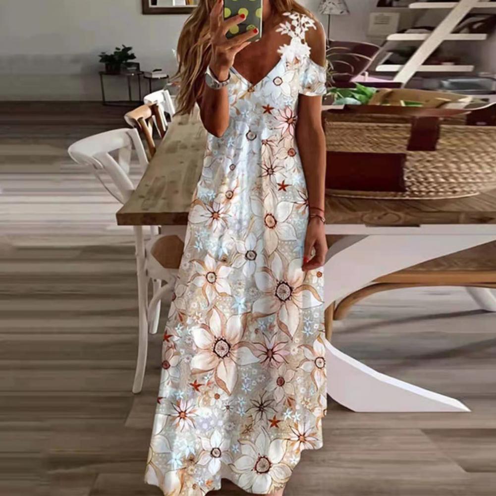 Women Floral Print Maxi Dress Boho Lace Sling Hollow Out A Line Long Dress Ladies Casual Loose V-Neck Beach Party dress Vestidos