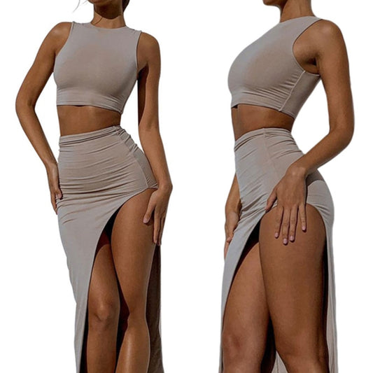 Solid Color Round Collar Vest and High Waist Split Long Slit Skirt Set