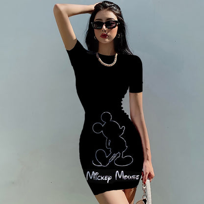 Disney Minnie Mickey Summer Women Elegant Fashion Simple Print Bodycon Pencil Dresses Slim Mini Short Sleeve Casual Sheath Dress