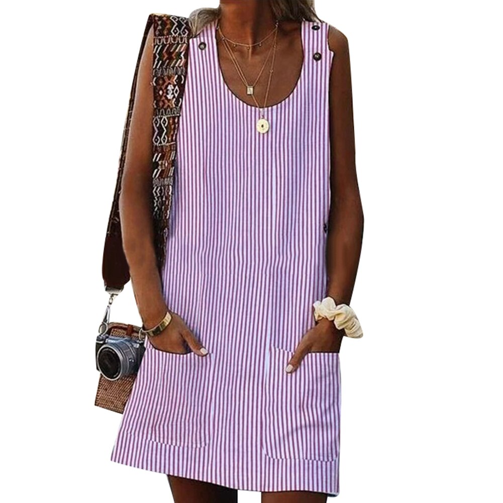 Beach Casual Women Solid Color Pocket Mini Dress Sleeveless Button Sundress Summer Elegant Fashion Women&#39;s Clothing Streetwear