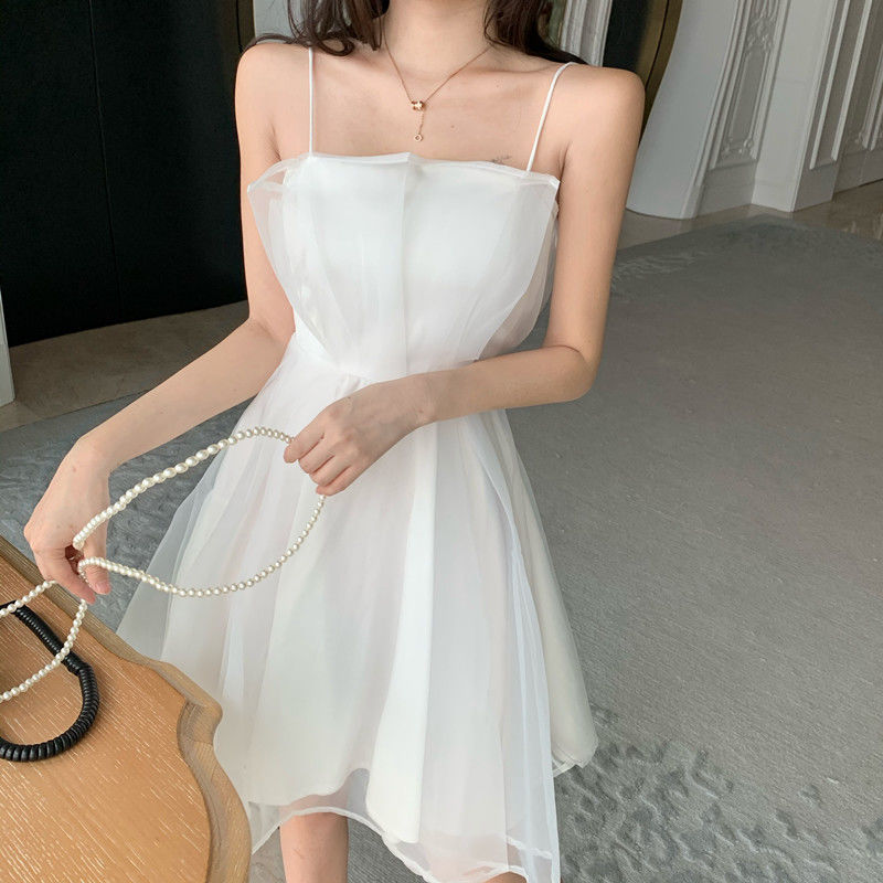 Mesh Sleeveless Mini Dresses Women Summer Elegant Sexy Cute Holidy High Waist A-line Harajukiu Stylish Aesthetic Korean Style