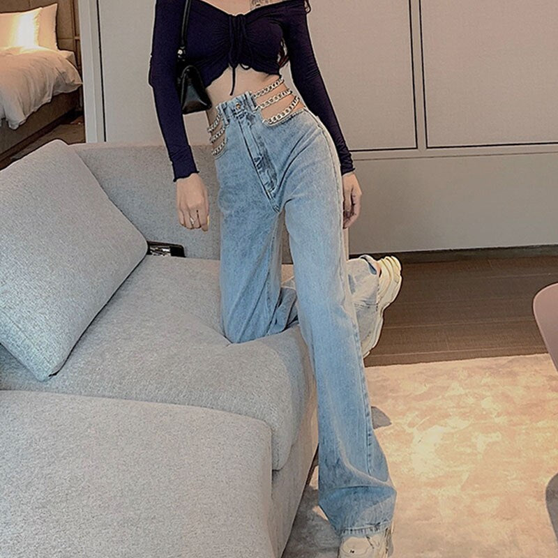 Meqeiss streetwear Side Cross Chain Hollow Out Wide-leg Women&#39;s Jeans High Waist Pants Sexy Elegant Ladies Europe Fashion Jeans