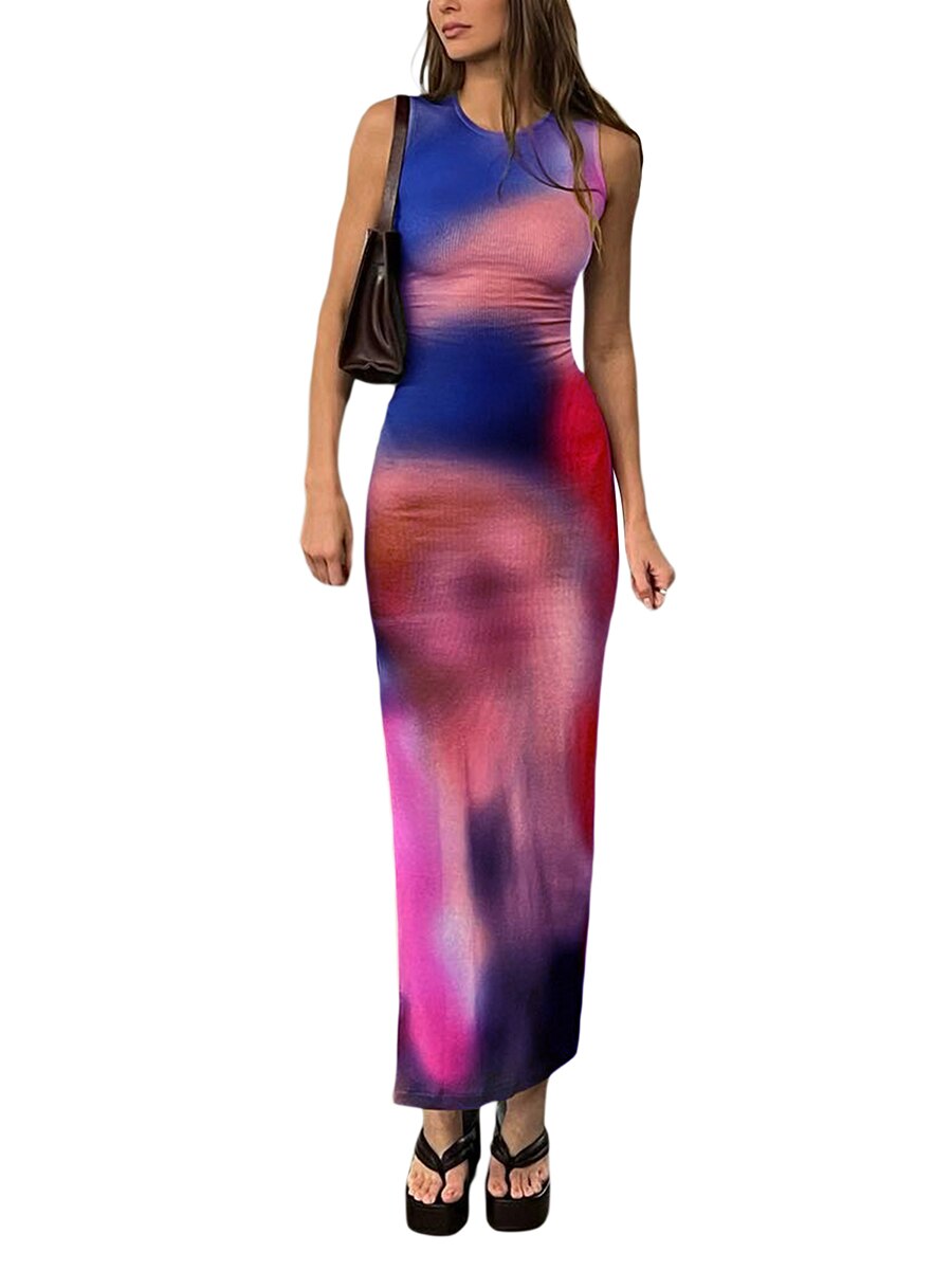 Sexy Sleeveless Backless Summer Maxi Dress Women Tie Dye Print Split Slim Long Dress Elegant Bodycon Party Dresses Vestido