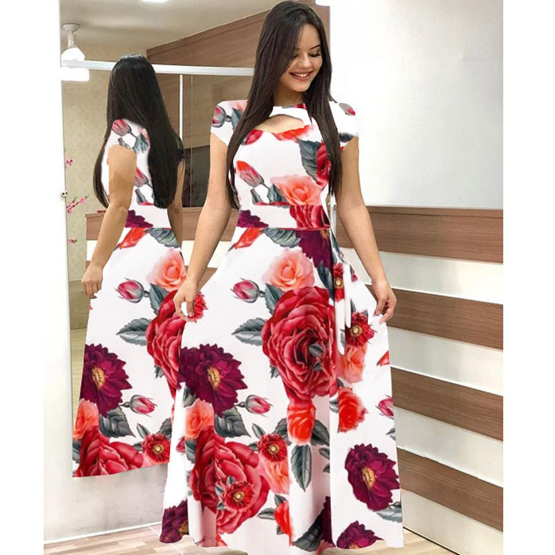 Women Short Sleeve Hollow Out O-neck Long Dress Summer Elegant Floral Printed High Waist Elastic Elegant Boho Robe Maxi Vestidos