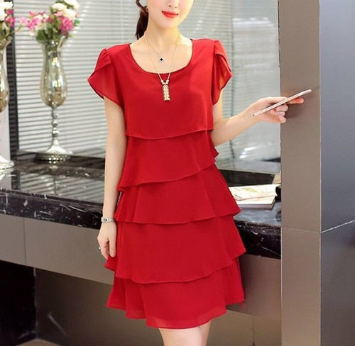 Dress Women Summer Wave Cut Sweet Solid Short Sleeve Slim Casual Clothing Lady All-match Vestido Trendy Simple O-Neck Casual New