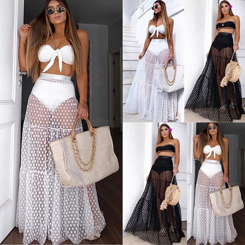 Sexy Beach Skirt Women Cute Dot Dress Bikini Cover Up 2022 High Waist Transparent Long Maxi Skirts Chiffon Femme Swimwear Dress