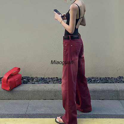 Boyfriend Style Streetwear Baggy Jeans Women Denim Trousers High Waist Y2k Vintage Washed Distressed Wide Leg Mopping Red Pants