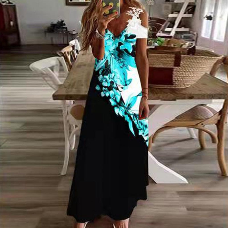 Women Floral Print Maxi Dress Boho Lace Sling Hollow Out A Line Long Dress Ladies Casual Loose V-Neck Beach Party dress Vestidos