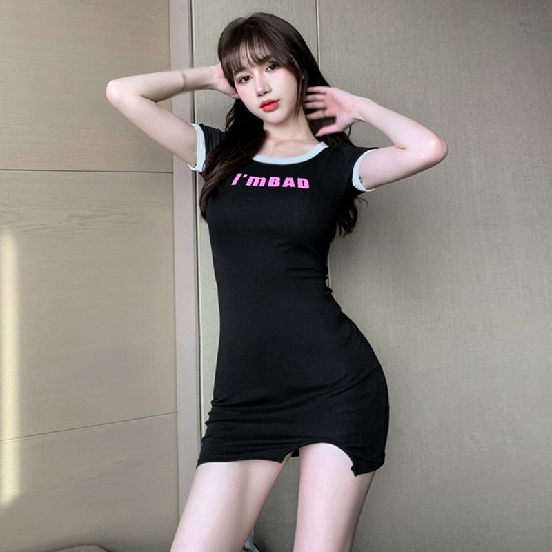 Letter Print Women&#39;s Dress Slim Sexy Short Sleeve Versatile Dress O Neck T Shirt Dress Women&#39;s Mini Dress