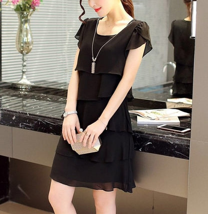 Dress Women Summer Wave Cut Sweet Solid Short Sleeve Slim Casual Clothing Lady All-match Vestido Trendy Simple O-Neck Casual New