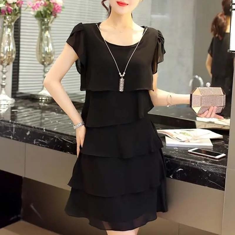 Dress Women Summer Wave Cut Sweet Solid Short Sleeve Slim Casual Clothing Lady All-match Vestido Trendy Simple O-Neck Casual New