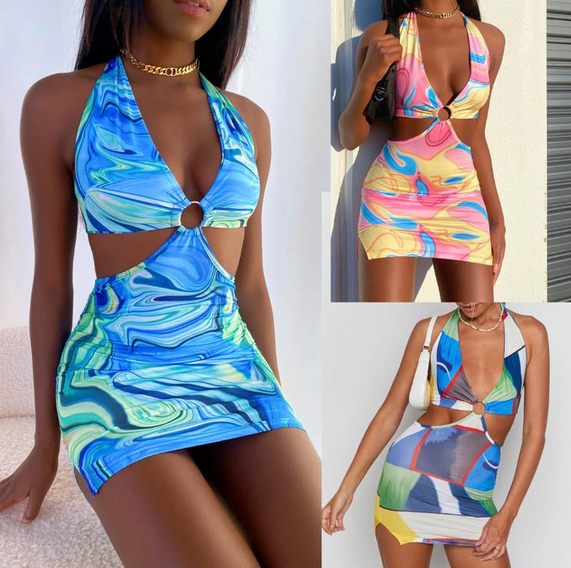 Sexy Geometric Print Two Pieces Skirts Suits Womens Clubwear Halterneck Wrap Crop Tops Mini Bodycon Skirt Party Streetwear S-XL
