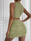 wsevypo Women Two Pieces Skirt Suits Summer Sexy Solid Matching Sets Sleeveless Hollow Out Crop Tank Tops+Ruched Mini Skirts