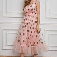 Women Princess Dress Strawberry Sequin Mesh Embroidery Lace-Up Puff Sleeve V-Neck Elastic Waist Tulle Dress Fairy Dress Vestido