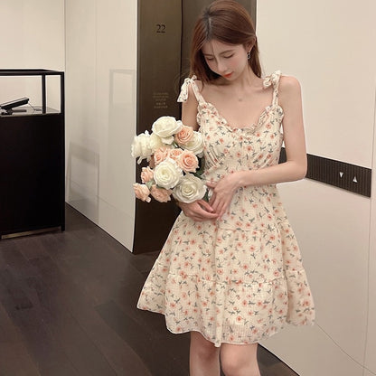 Vintage Mini Dresses  Summer Lace Up V Neck Floral Dress Mori Girl Style Elegant Kawaii Fairy Princess Slip WomenSundress