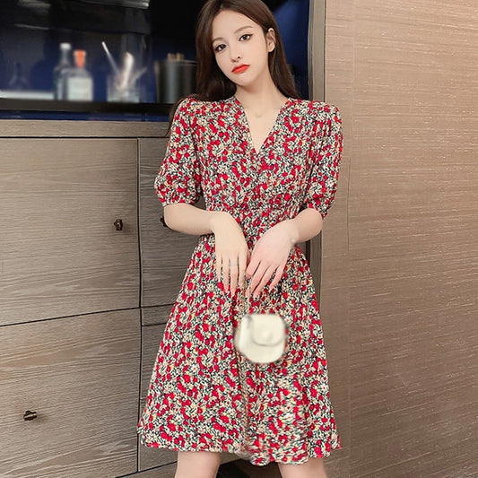 V-Neck Floral Print Dress For Women Spring Summer Fashion Fresh Short Sleeve  Elegant A-Line Dress