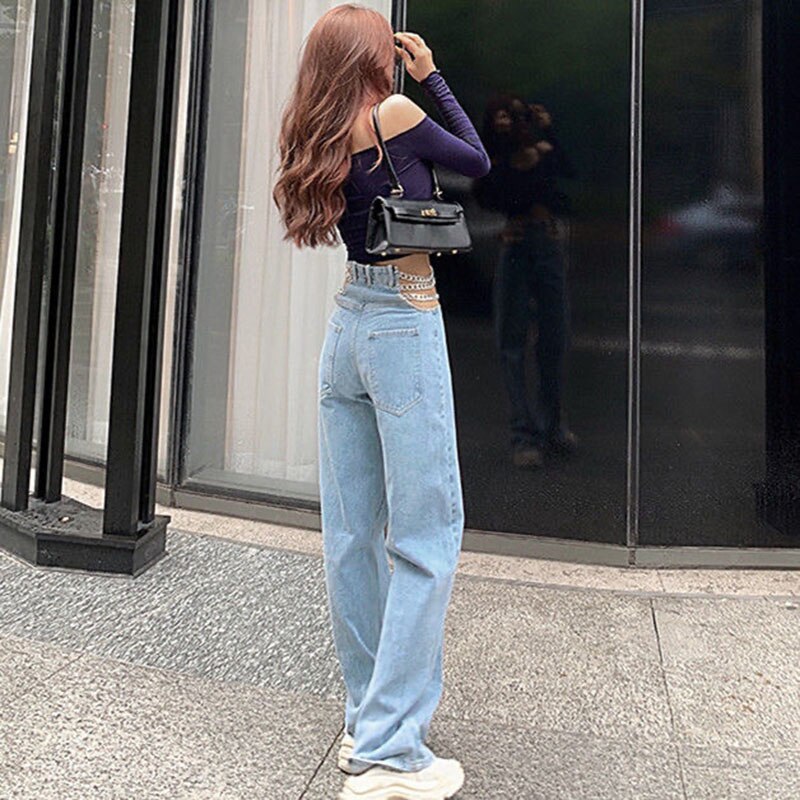 Meqeiss streetwear Side Cross Chain Hollow Out Wide-leg Women&#39;s Jeans High Waist Pants Sexy Elegant Ladies Europe Fashion Jeans