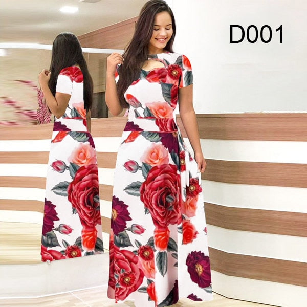 Women Short Sleeve Hollow Out O-neck Long Dress Summer Elegant Floral Printed High Waist Elastic Elegant Boho Robe Maxi Vestidos