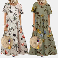 Women Vintage Floral Long Dress Summer Boho Casual Loose Short Sleeve Dresses Female Beach Holiday Party Maxi Dresses Vestidos