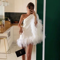 Combhasaki Women Sexy Solid Color Single One Shoulder Long Sleeve Backless Feather Plush Patchwork Trim Short Mini A-Line Dress