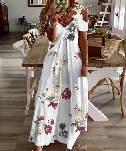 Summer Lace Spaghetti Strap Maxi Dresses Women Bohemian Floral V-Neck Off Shoulder Long Dress Casual Beach Party Robe Vestidos