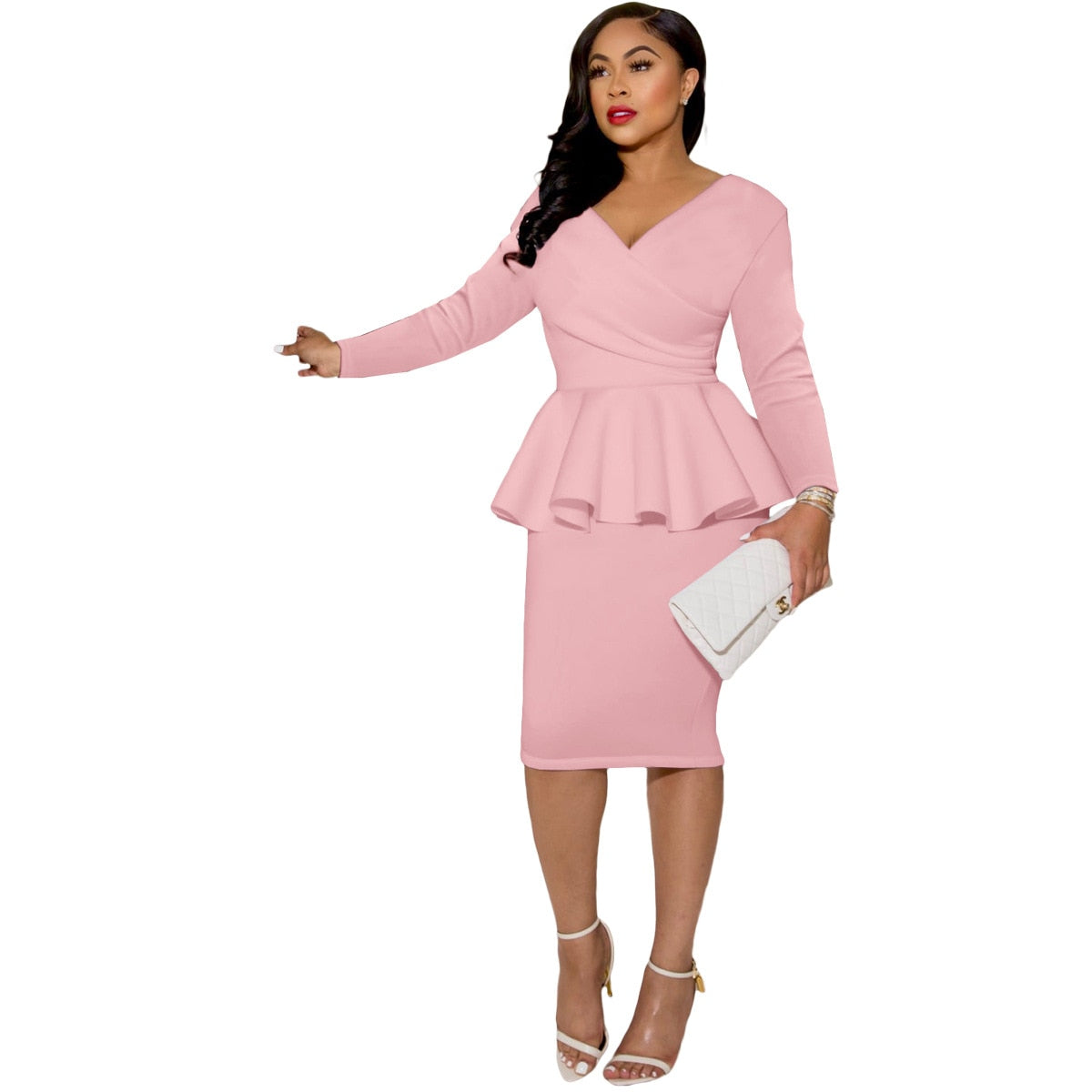 Elegant Office Ruffles Bodycon Dress Women Autumn Fashion Sexy V Neck Long Sleeved Peplum Dress Ladies Casual Party Midi Dress