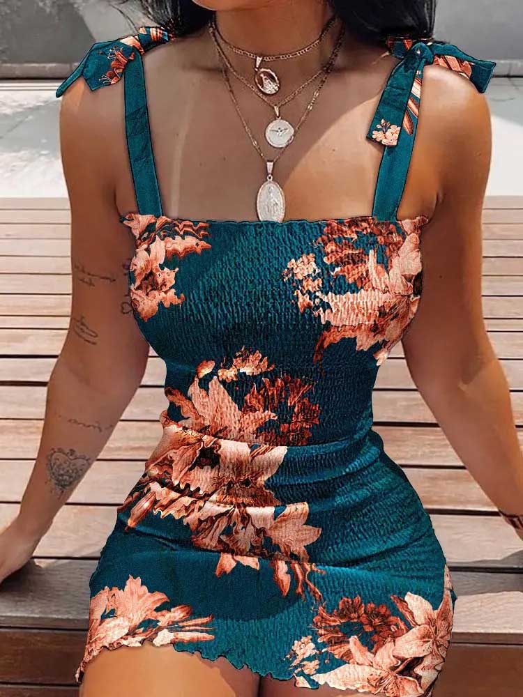 Women Elastic Waist Pleated Dress Summer Sleeveless Off The Shoulder Floral Print Bodycon Party Dresses SZE-1930