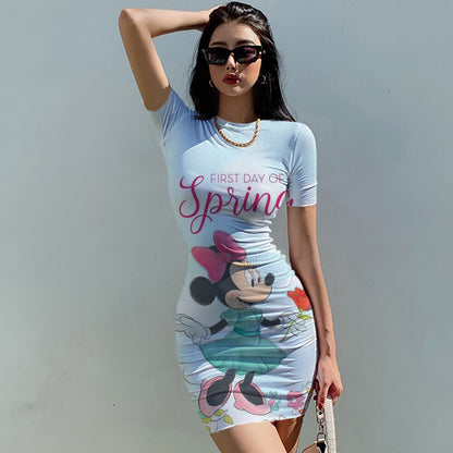 Disney Minnie Mickey Summer Women Elegant Fashion Simple Print Bodycon Pencil Dresses Slim Mini Short Sleeve Casual Sheath Dress