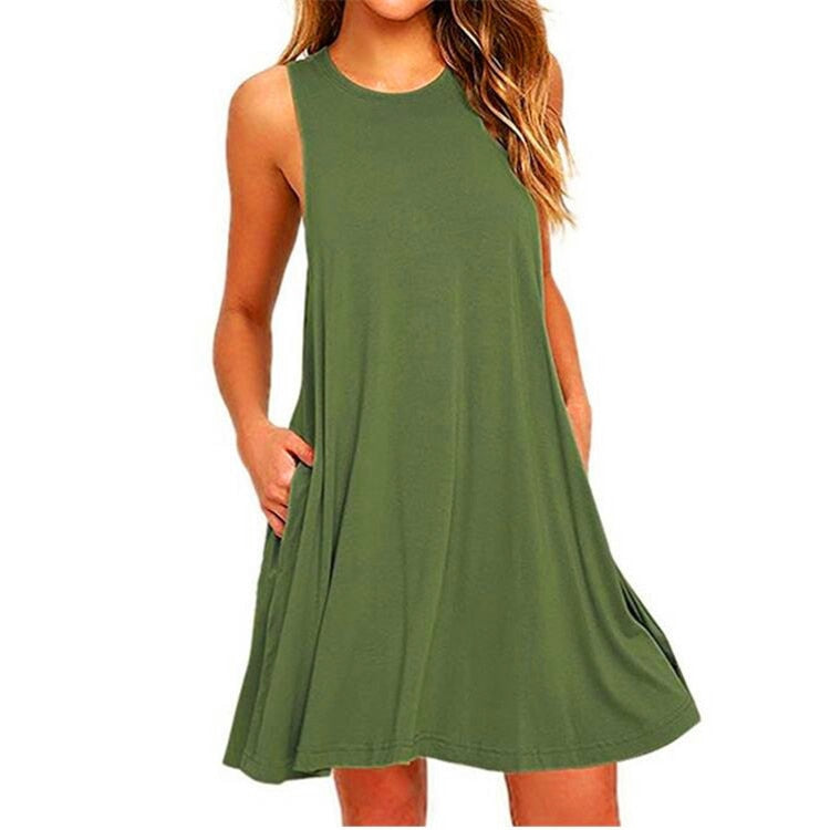 Summer Sundress Women Fashion Sleeveless Solid Color Pocket Loose Party Dress WDC1045