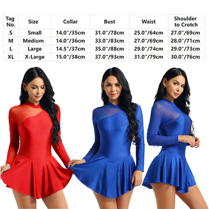 Womens Girls Rhinestones Figure Ice Skating Dress Mesh Long Sleeves Ballet Lyrical Gymnastics Dance Leotard Dress